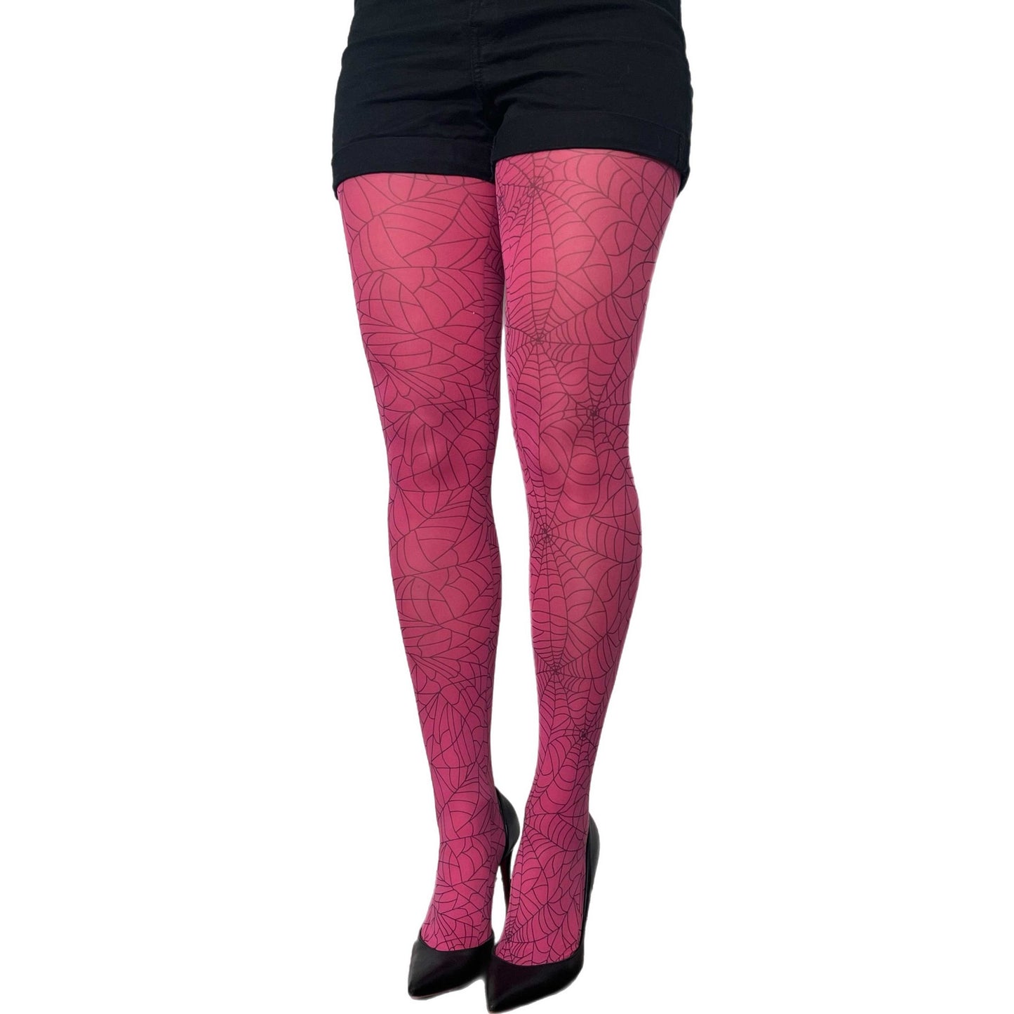 Pink spider web tights for women by Malka Chic featuring bold web pattern hosiery.