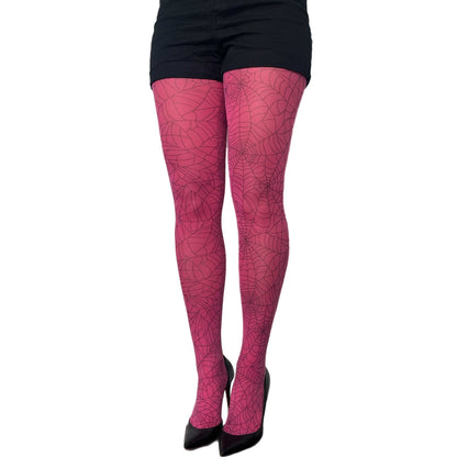Pink spider web tights for women by Malka Chic featuring bold web pattern hosiery.