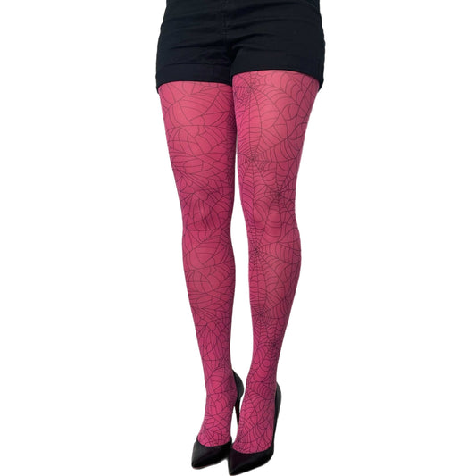 Pink spider web tights for women by Malka Chic featuring bold web pattern hosiery.