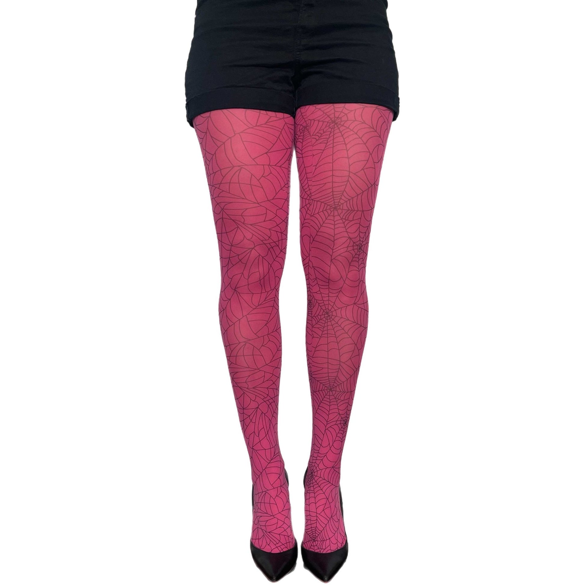 Malka Chic pink spider web patterned tights, playful hosiery for Halloween and standout outfits.
