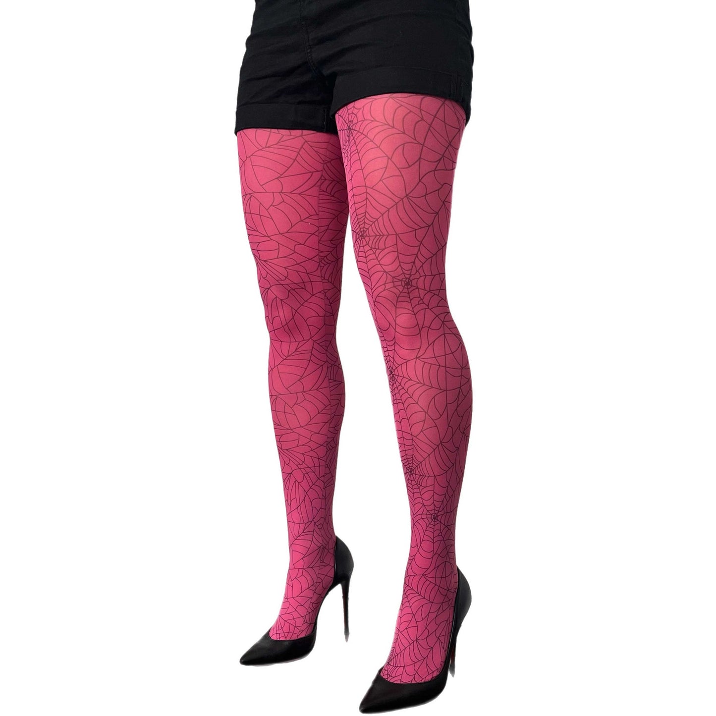 Pink spider web print tights by Malka Chic, bold patterned hosiery for trendy and playful outfits.