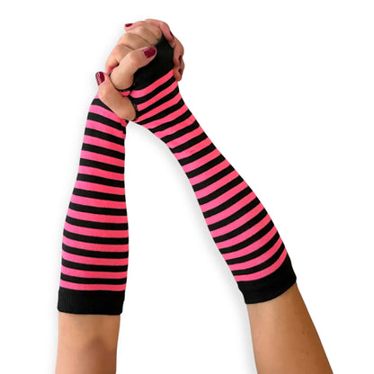 Women’s pink and black striped fingerless gloves by Malka Chic with bold horizontal bands.