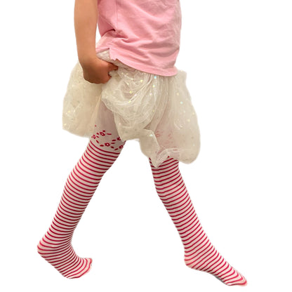 White kids tights with pink stripes – girls patterned tights