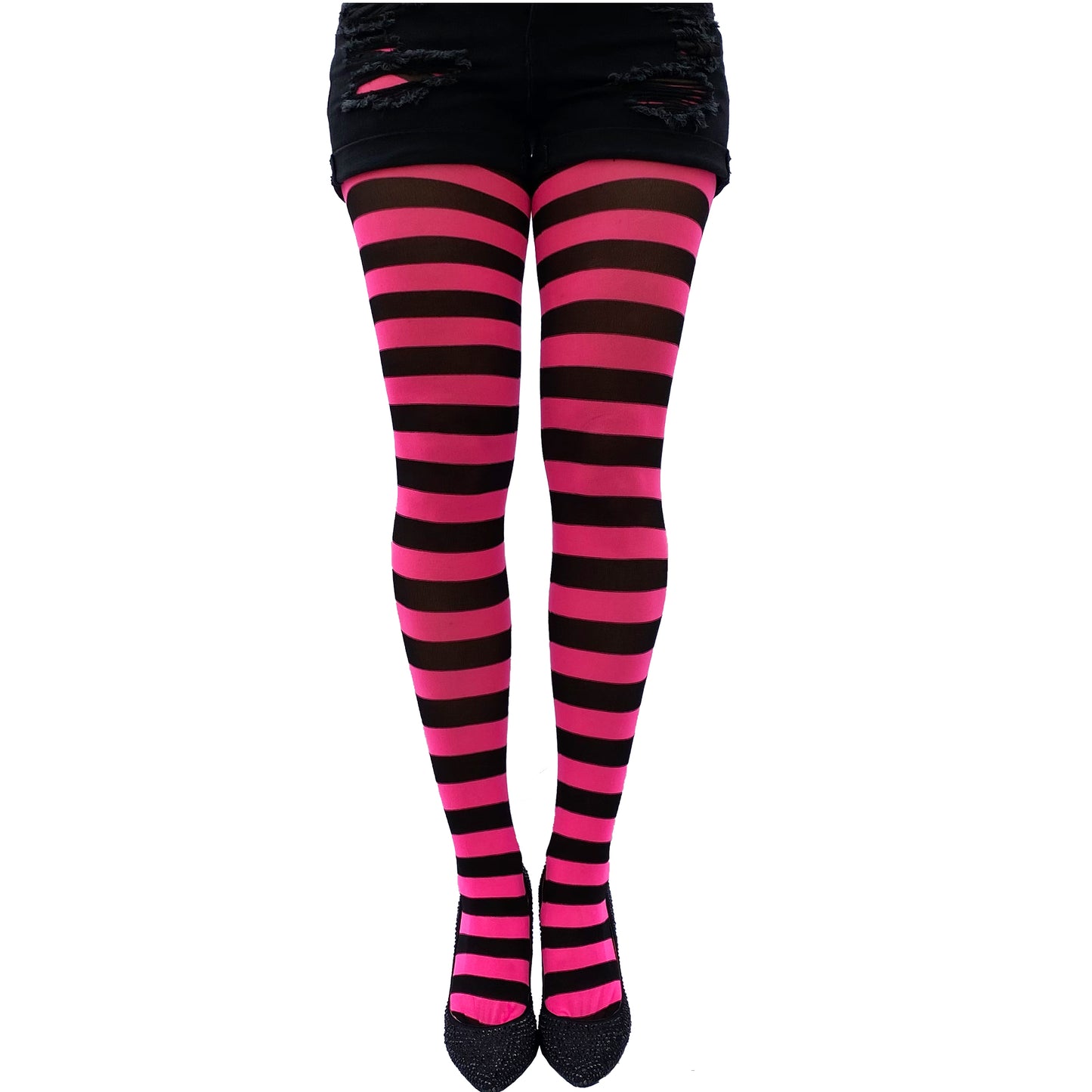 Women bright pink striped tights full coverage opaque