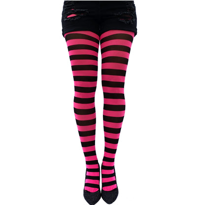 Women bright pink striped tights full coverage opaque