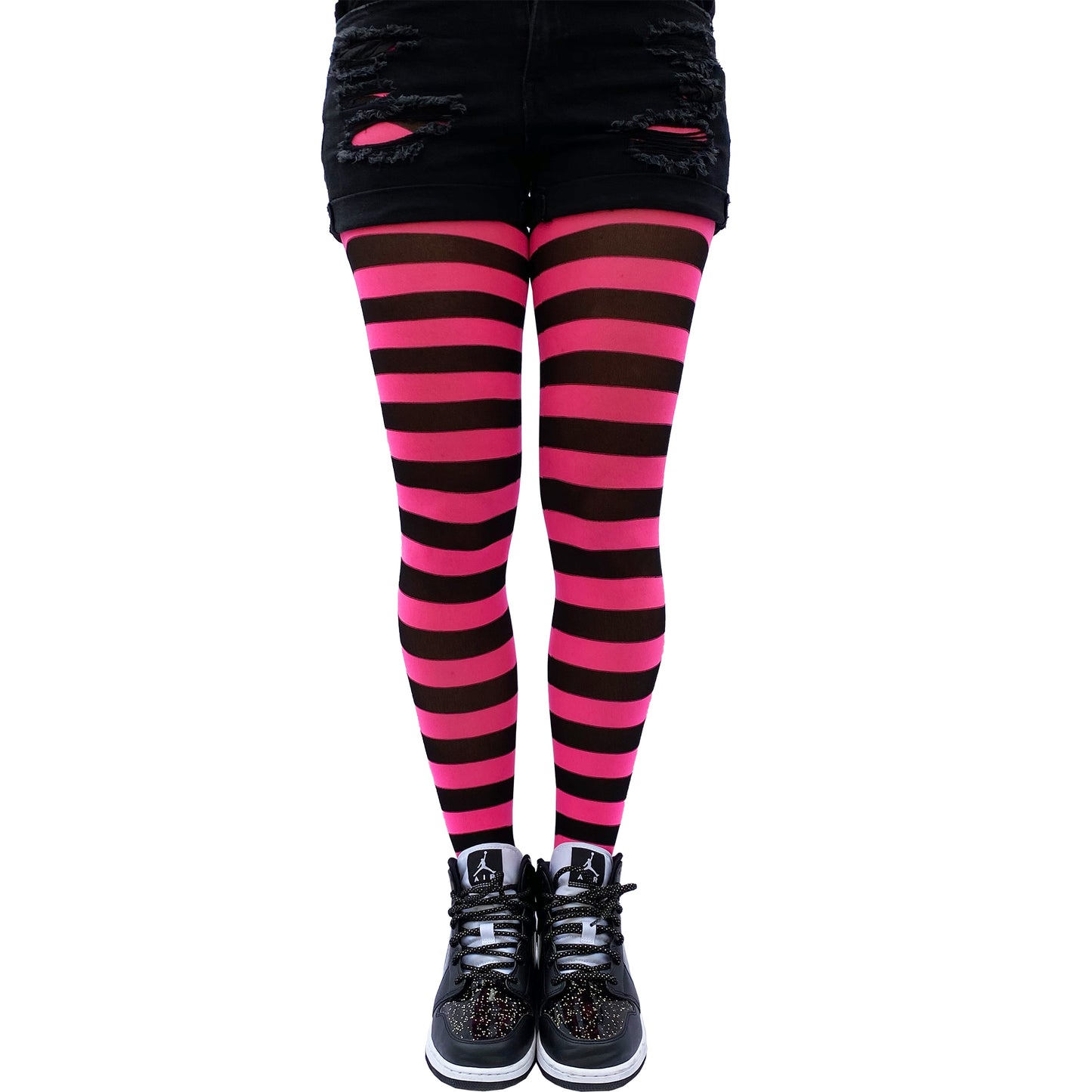 Women bright pink striped tights full coverage opaque