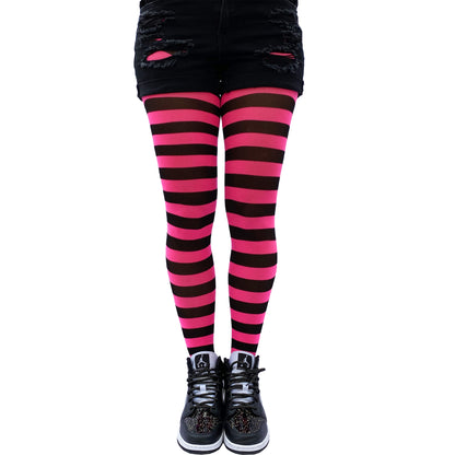 Women bright pink striped tights full coverage opaque