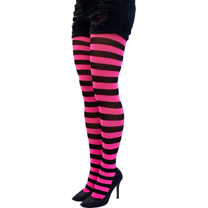 Neon pink striped opaque tights for women bold pattern