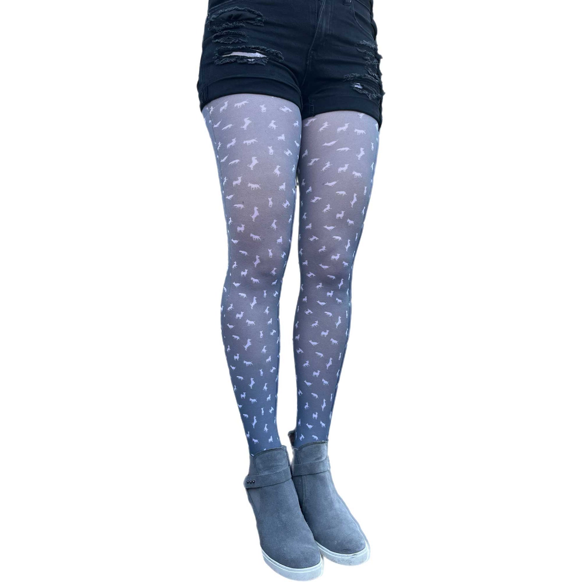 Polka dog pattern tights for women by Malka Chic featuring playful dotted and dog motif hosiery.