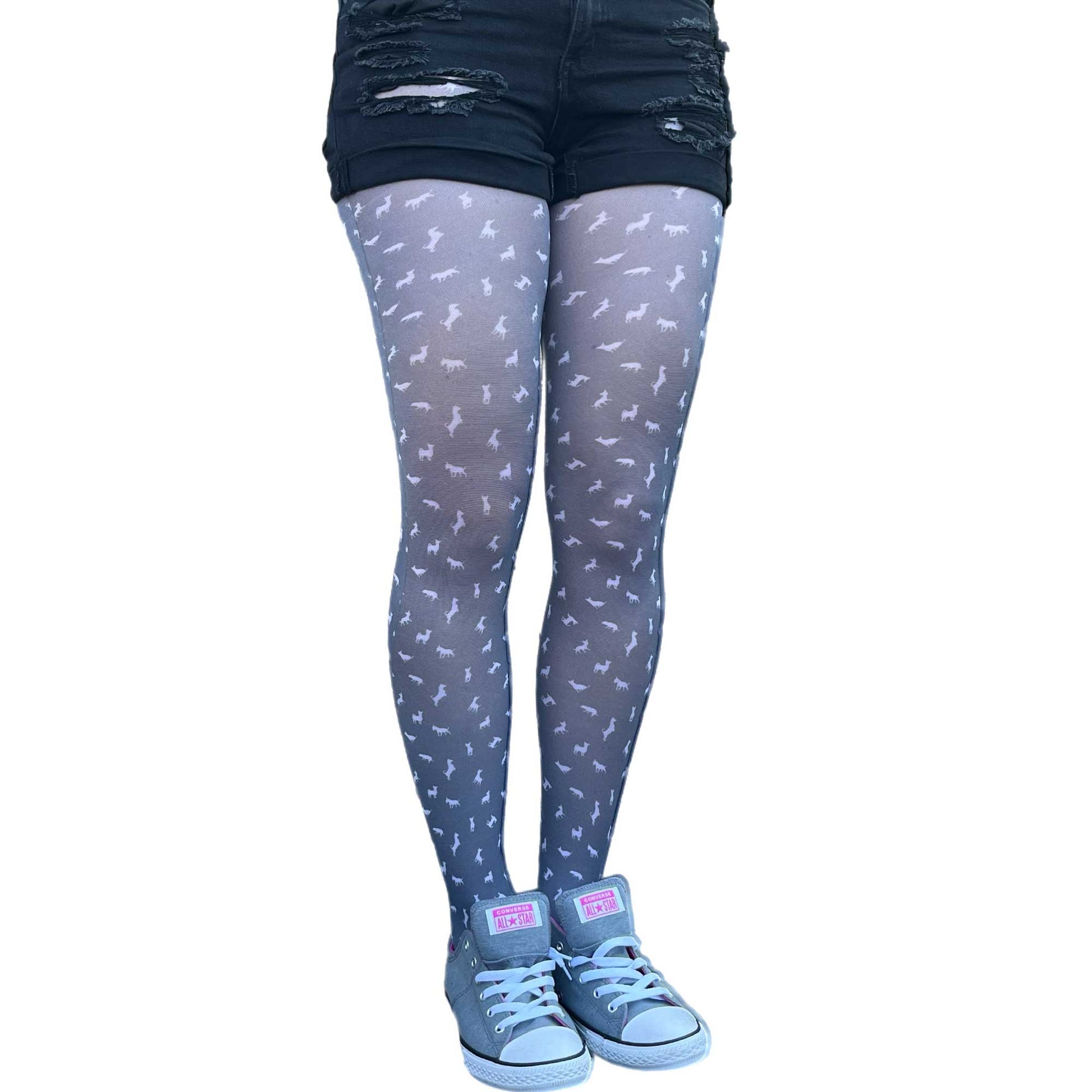 Dog print polka dot tights for women by Malka Chic, unique patterned hosiery for playful fashion looks.