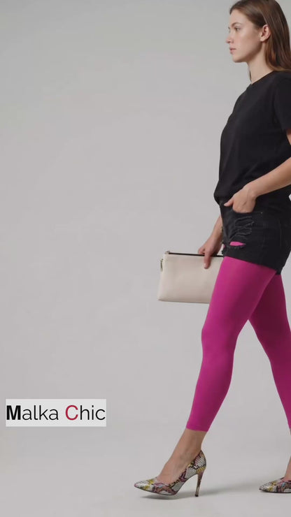 Video Opaque fuchsia pink footless pantyhose with comfortable fit