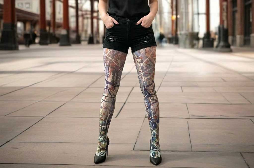Woman wearing printed patterned tights Malka Chic