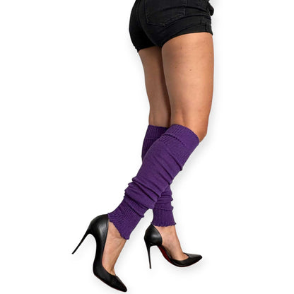 Women’s purple leg warmers worn slouched with black pumps.