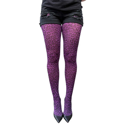 Women’s purple leopard print tights with sheer fabric and trendy wild pattern