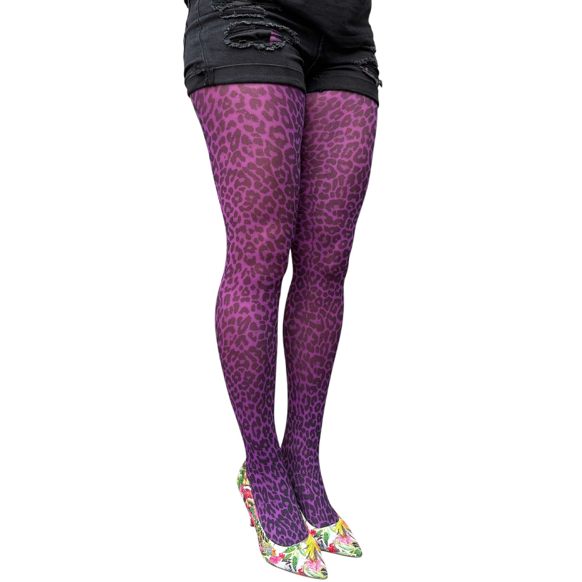 Purple animal print tights featuring leopard spots and eye catching modern look