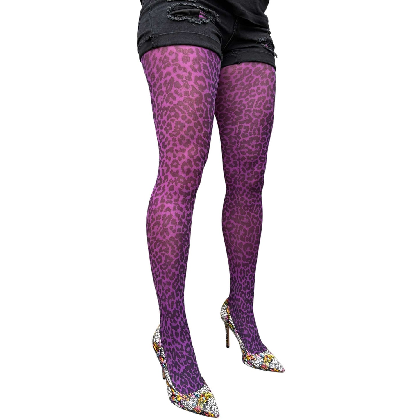 Women’s patterned tights with purple leopard print and semi sheer appearance