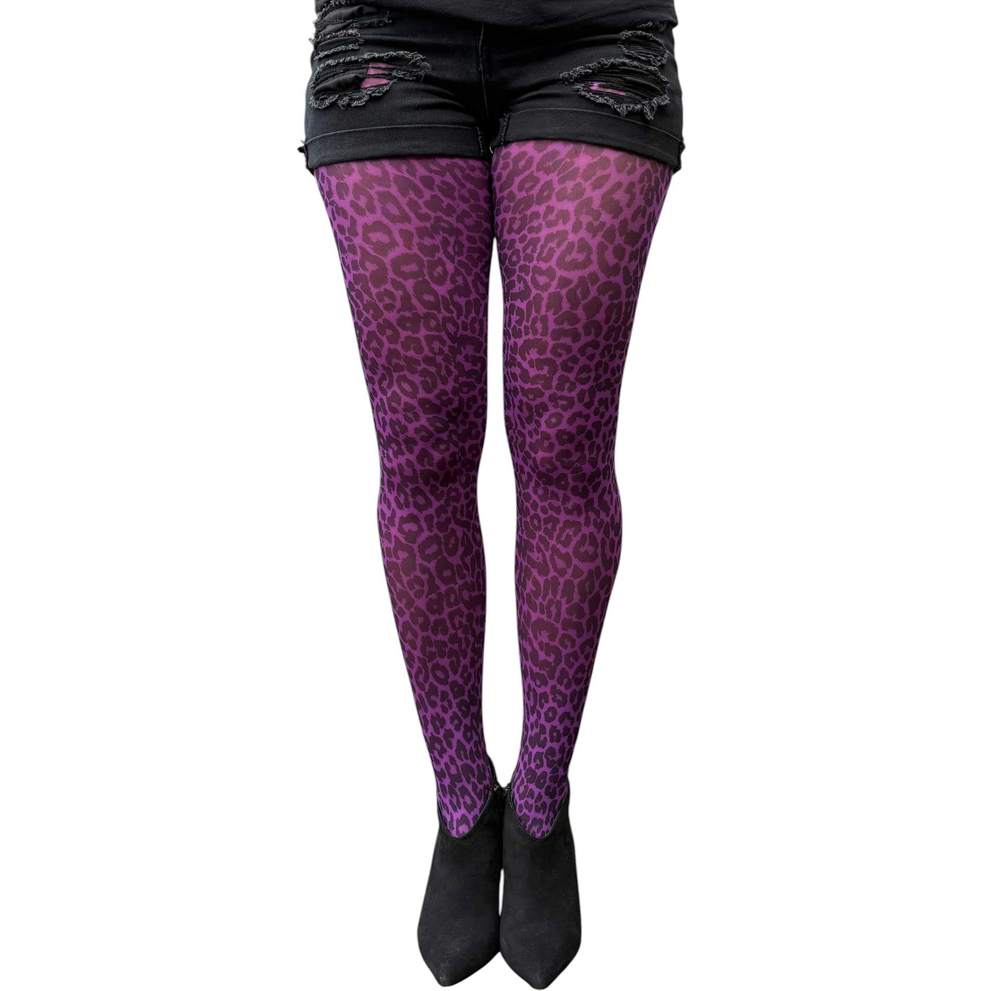 Bold purple leopard tights for women perfect for edgy and fashionable outfits