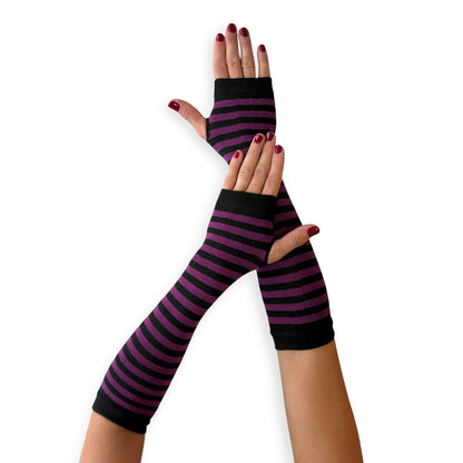 Purple and black striped fingerless gloves for women by Malka Chic with long arm warmer styling.