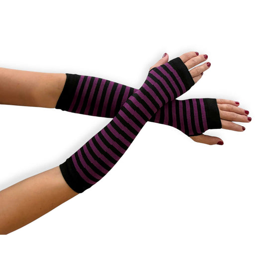 Malka Chic women’s purple and black striped fingerless gloves with thumb openings and extended length.