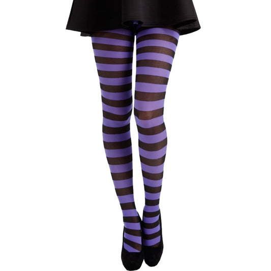 Purple and Black striped tights worn with a black skirt on a white background