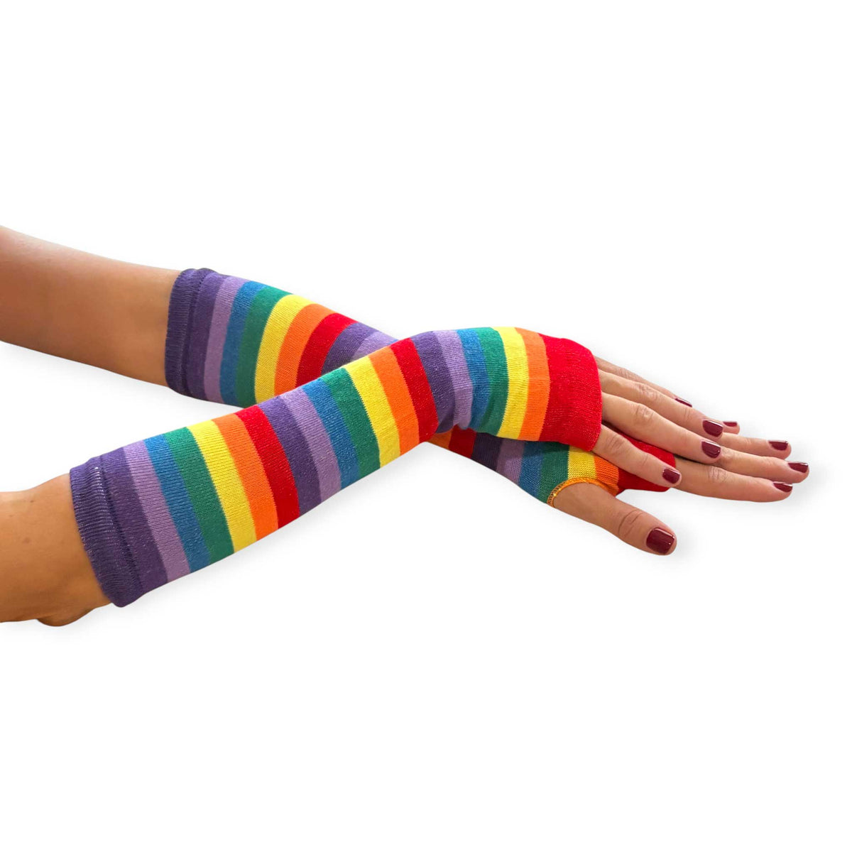 Rainbow striped fingerless gloves for women by Malka Chic with long arm warmer styling.