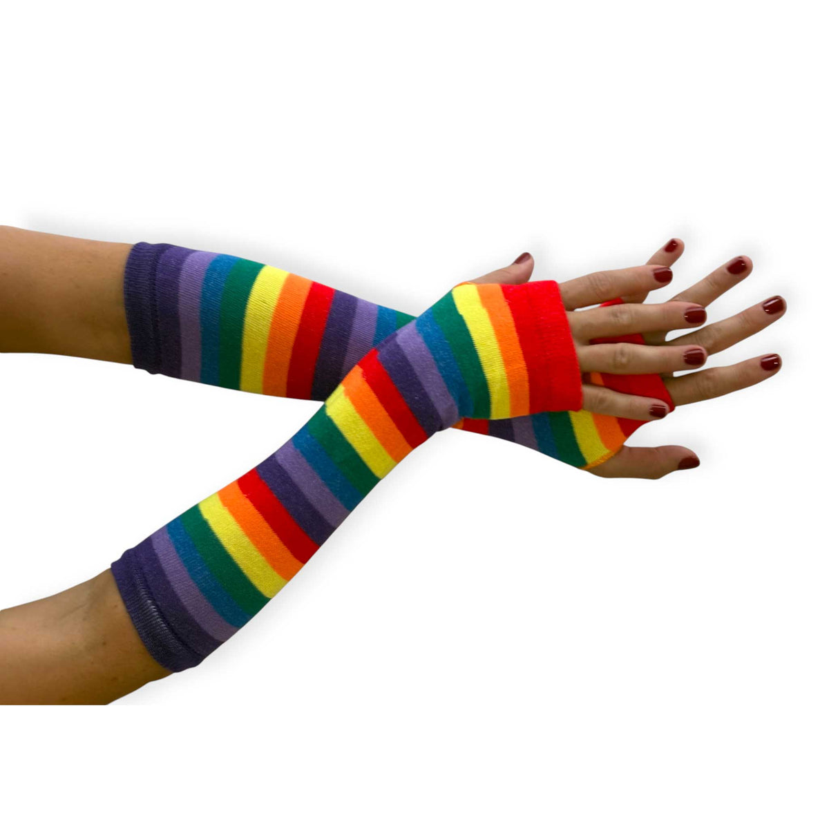 Malka Chic women’s fingerless gloves with bright rainbow stripes and extended forearm coverage.