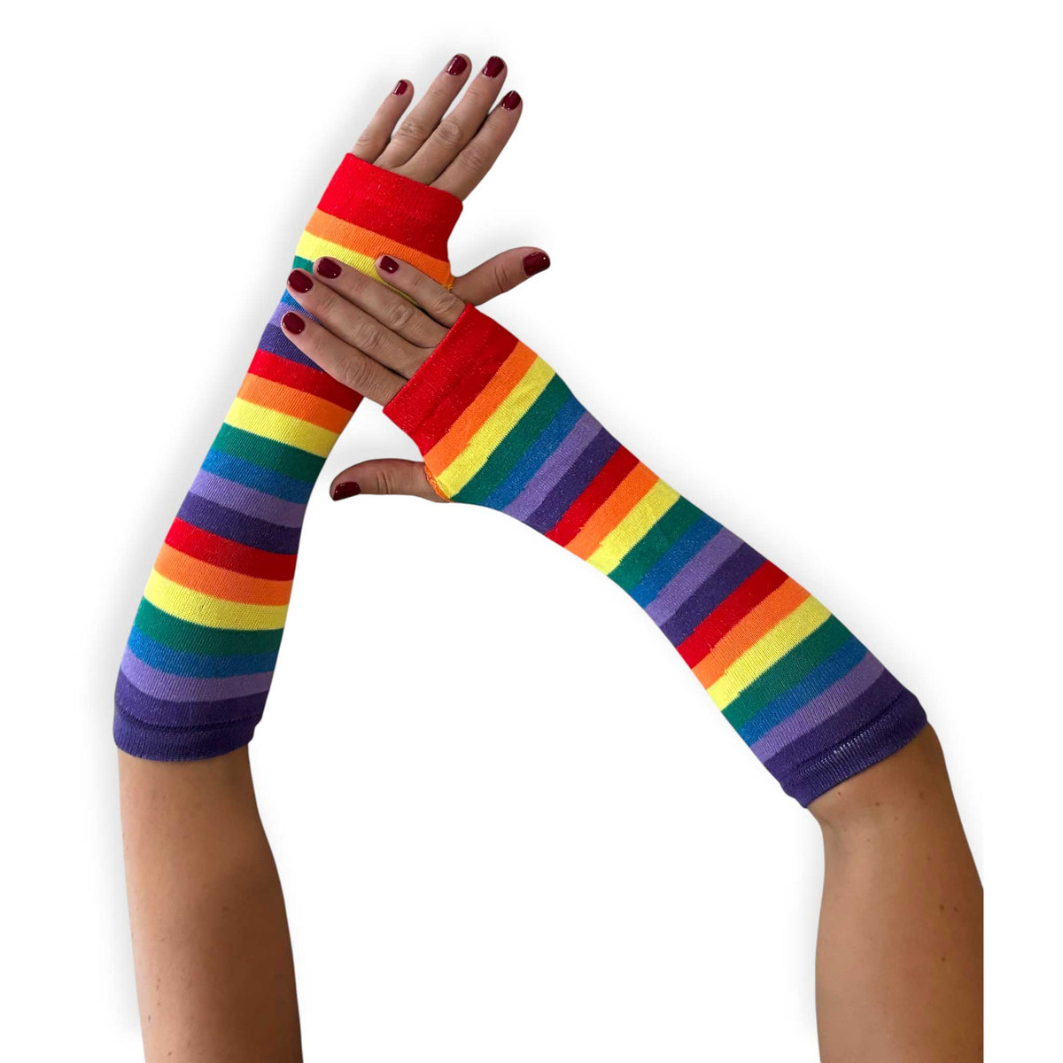 Long rainbow striped fingerless gloves for women by Malka Chic with thumb openings and soft stretch fit.