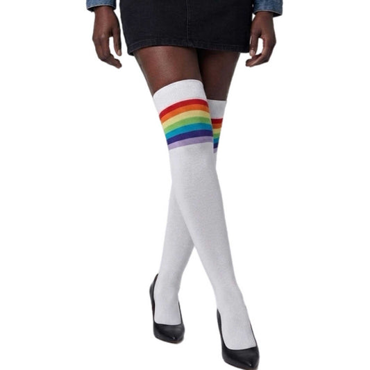 White rainbow striped over the knee socks for women by Malka Chic with colorful pattern 2