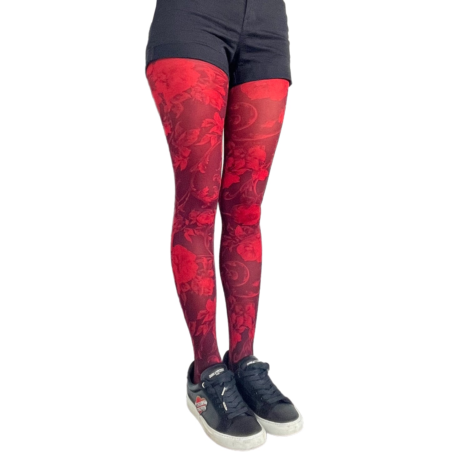 Red floral patterned tights for women by Malka Chic featuring vibrant flower design hosiery.