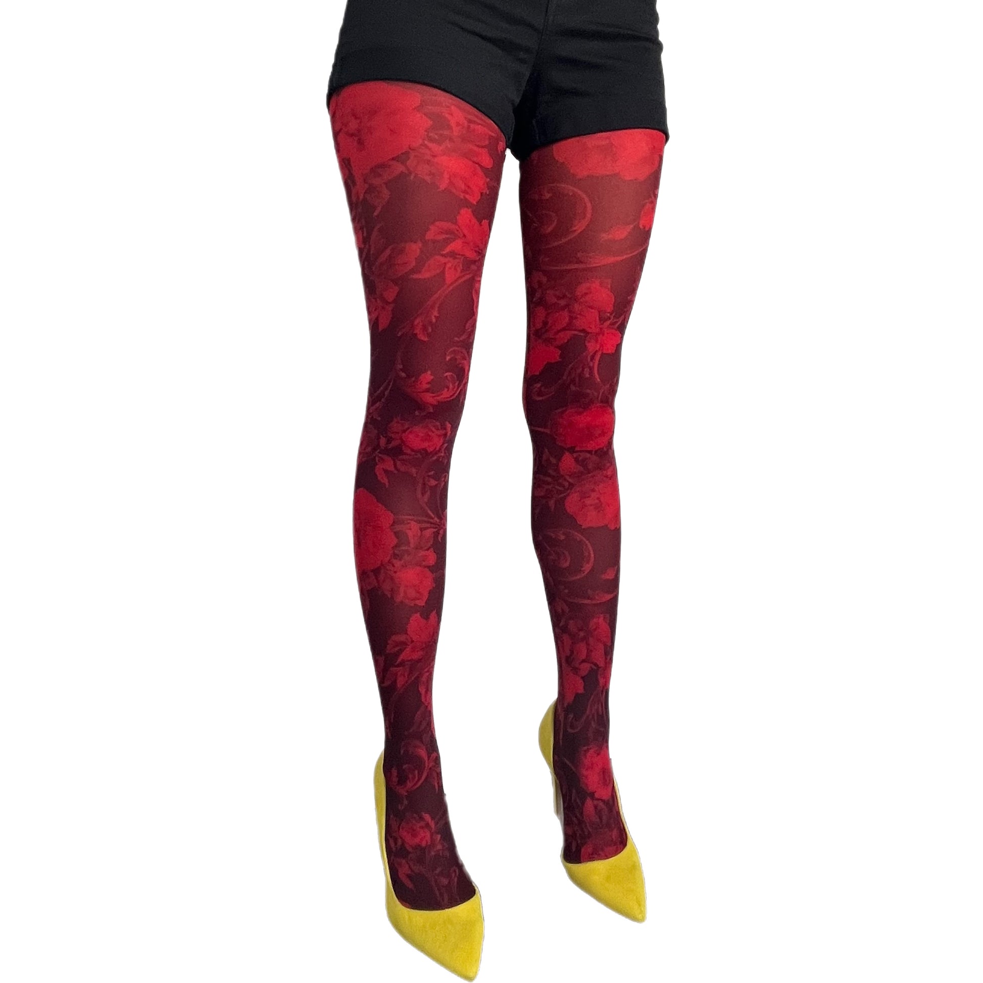 Malka Chic red floral tights with bold flower pattern for stylish and feminine outfits.