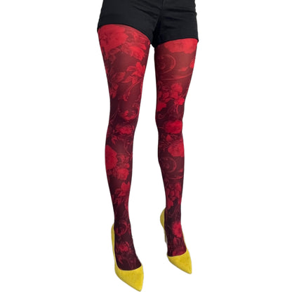 Malka Chic red floral tights with bold flower pattern for stylish and feminine outfits.