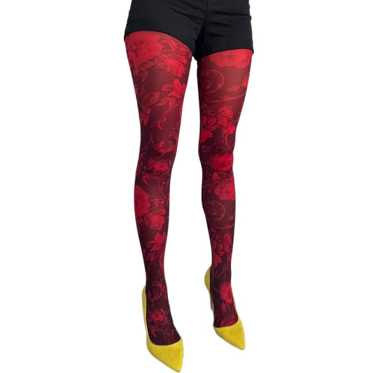 Malka Chic red floral tights with bold flower pattern for stylish and feminine outfits.