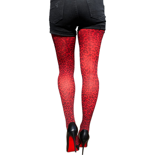 Red leopard tights for women by Malka Chic featuring bold animal print patterned hosiery.
