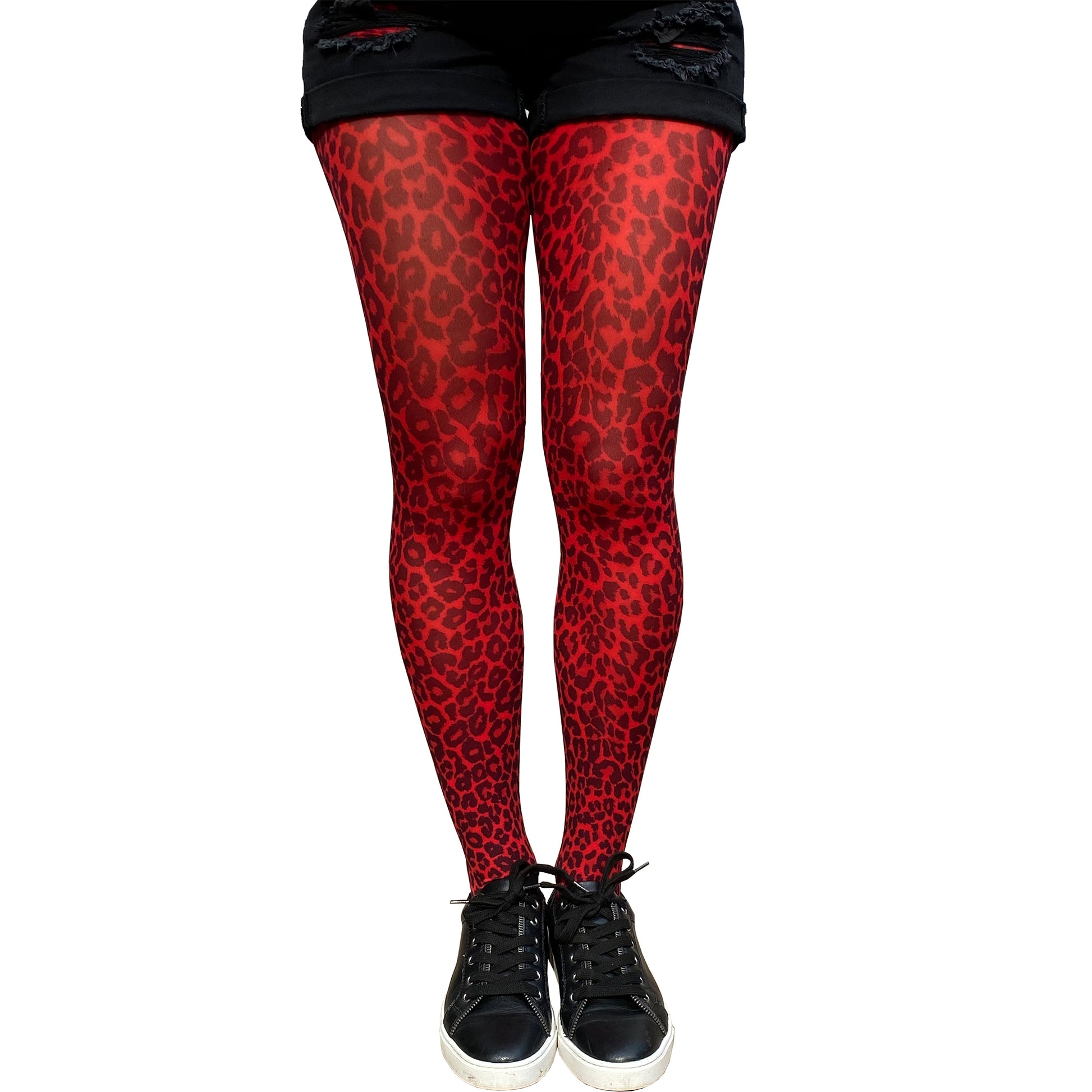 Red animal print tights for women by Malka Chic, leopard pattern hosiery for dresses and fashion looks.