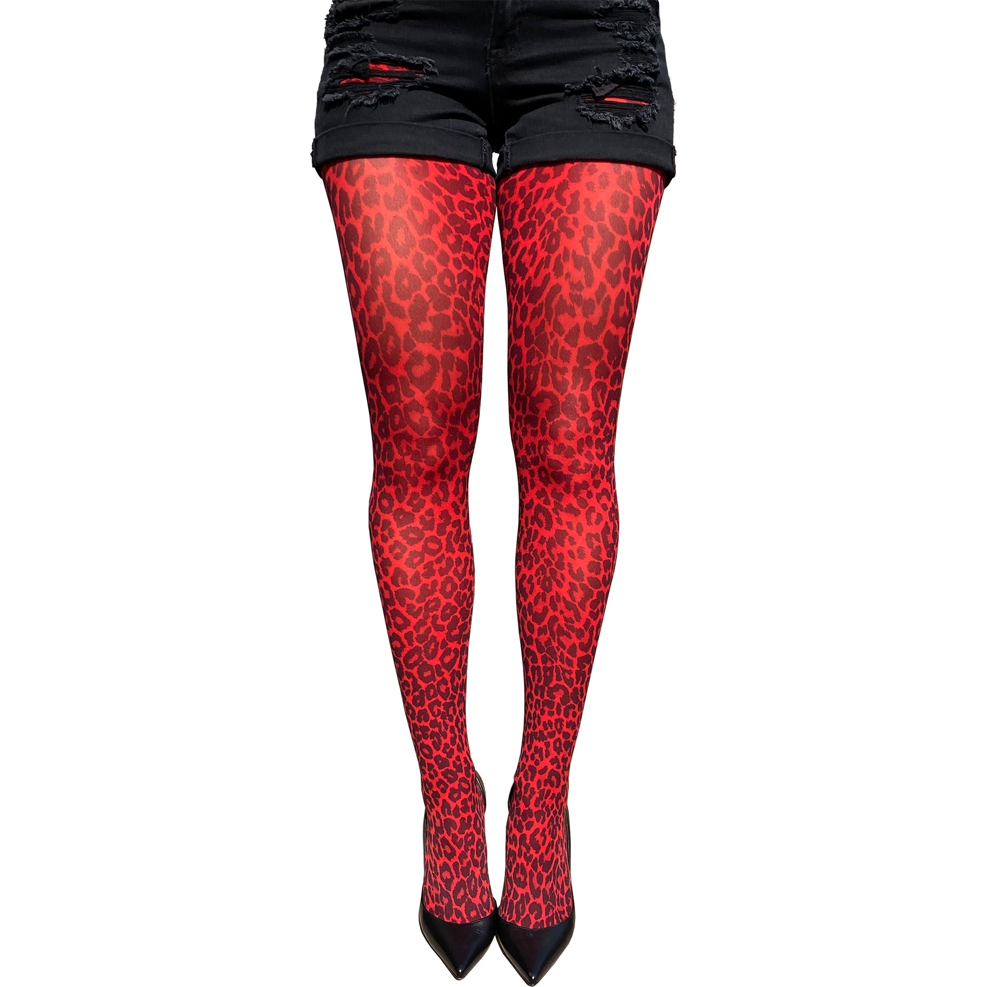 Red leopard tights for women by Malka Chic featuring bold animal print patterned hosiery.