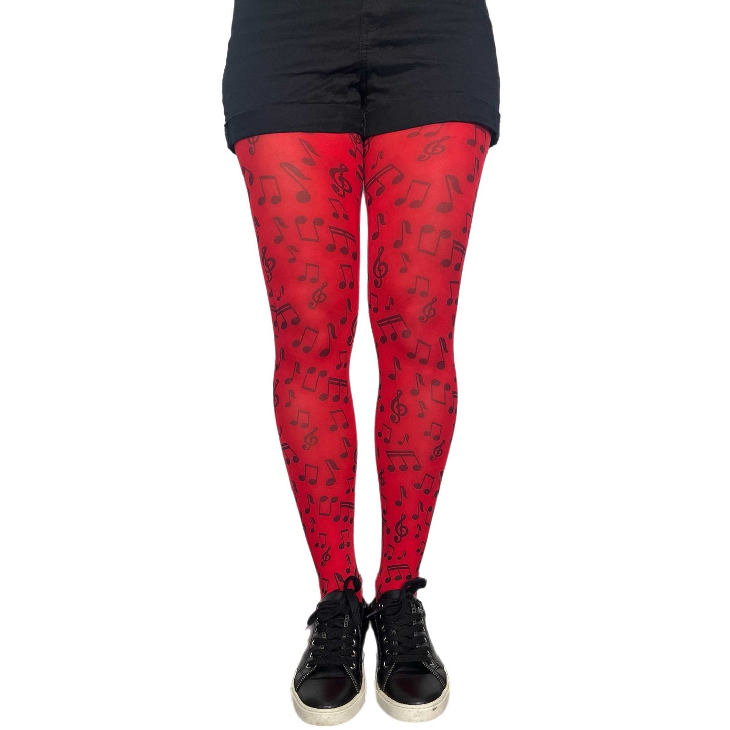 Red musical notes tights for women by Malka Chic, patterned hosiery for expressive fashion looks.