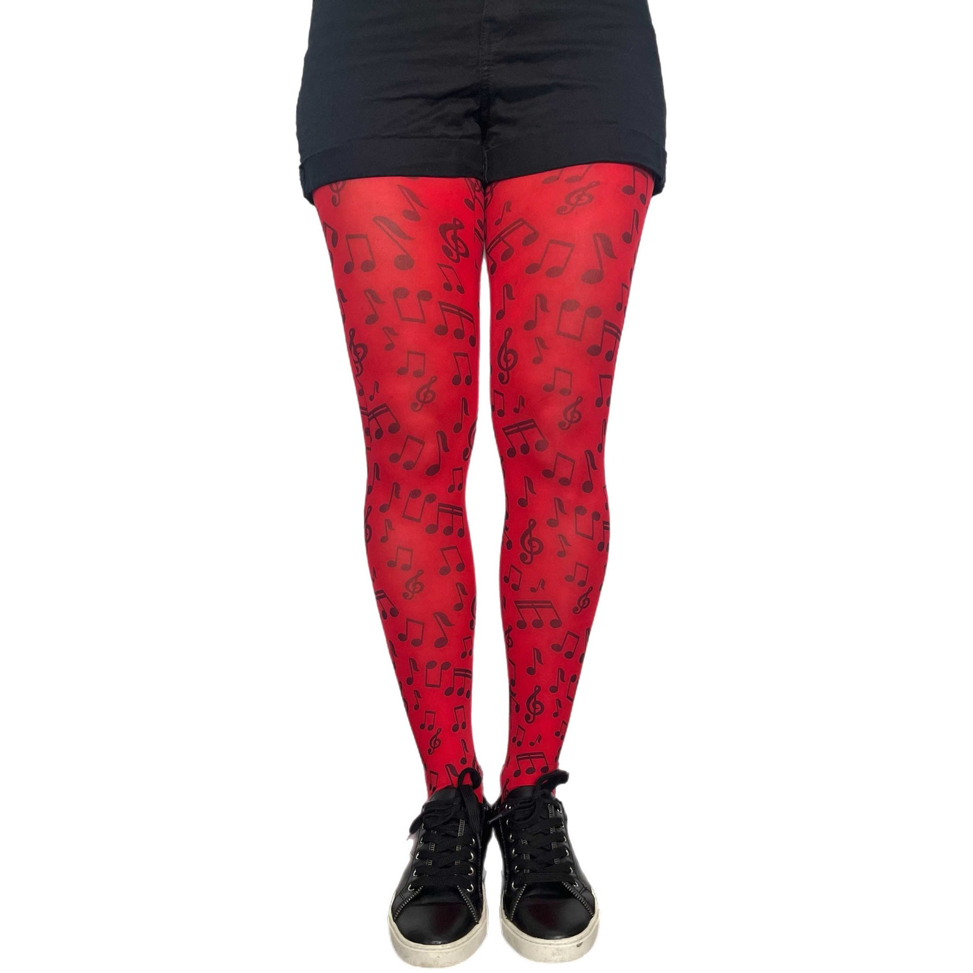 Red musical notes tights for women by Malka Chic, patterned hosiery for expressive fashion looks.