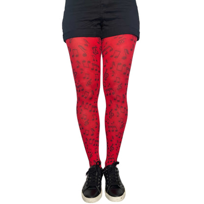 Red musical notes tights for women by Malka Chic, patterned hosiery for expressive fashion looks.