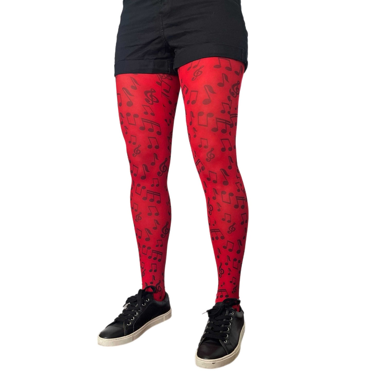 Red music print tights by Malka Chic, bold patterned hosiery for creative and standout outfits.