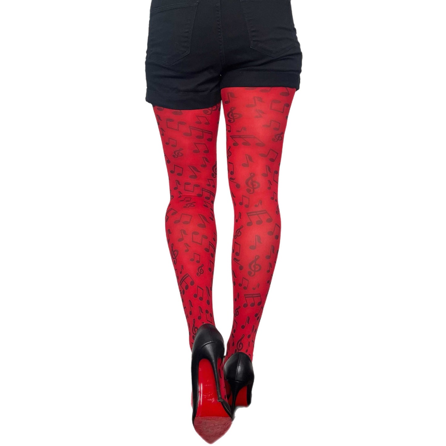 Red music patterned tights for women by Malka Chic featuring musical notes design hosiery.