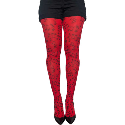 Red music patterned tights for women by Malka Chic featuring musical notes design hosiery.
