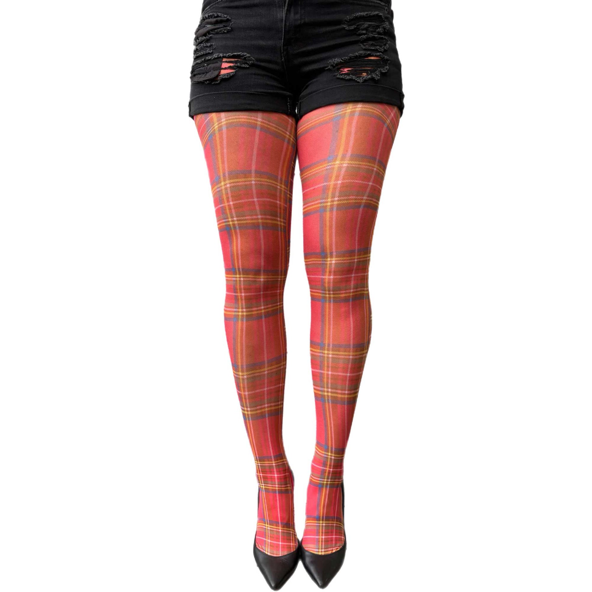 Women's red plaid opaque tights with soft stretch fabric