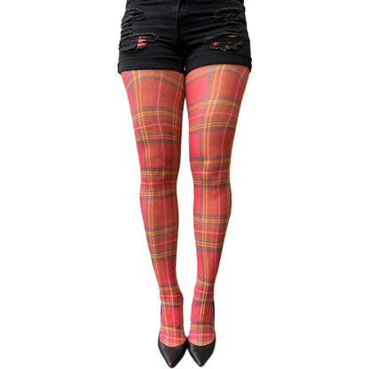 Women's red plaid opaque tights with soft stretch fabric