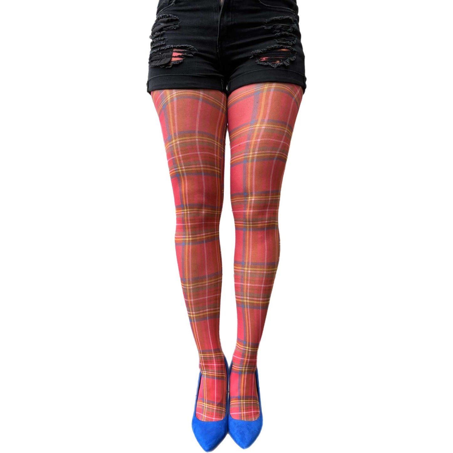 Fashionable red plaid pantyhose for women close-up view