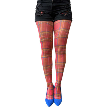 Fashionable red plaid pantyhose for women close-up view