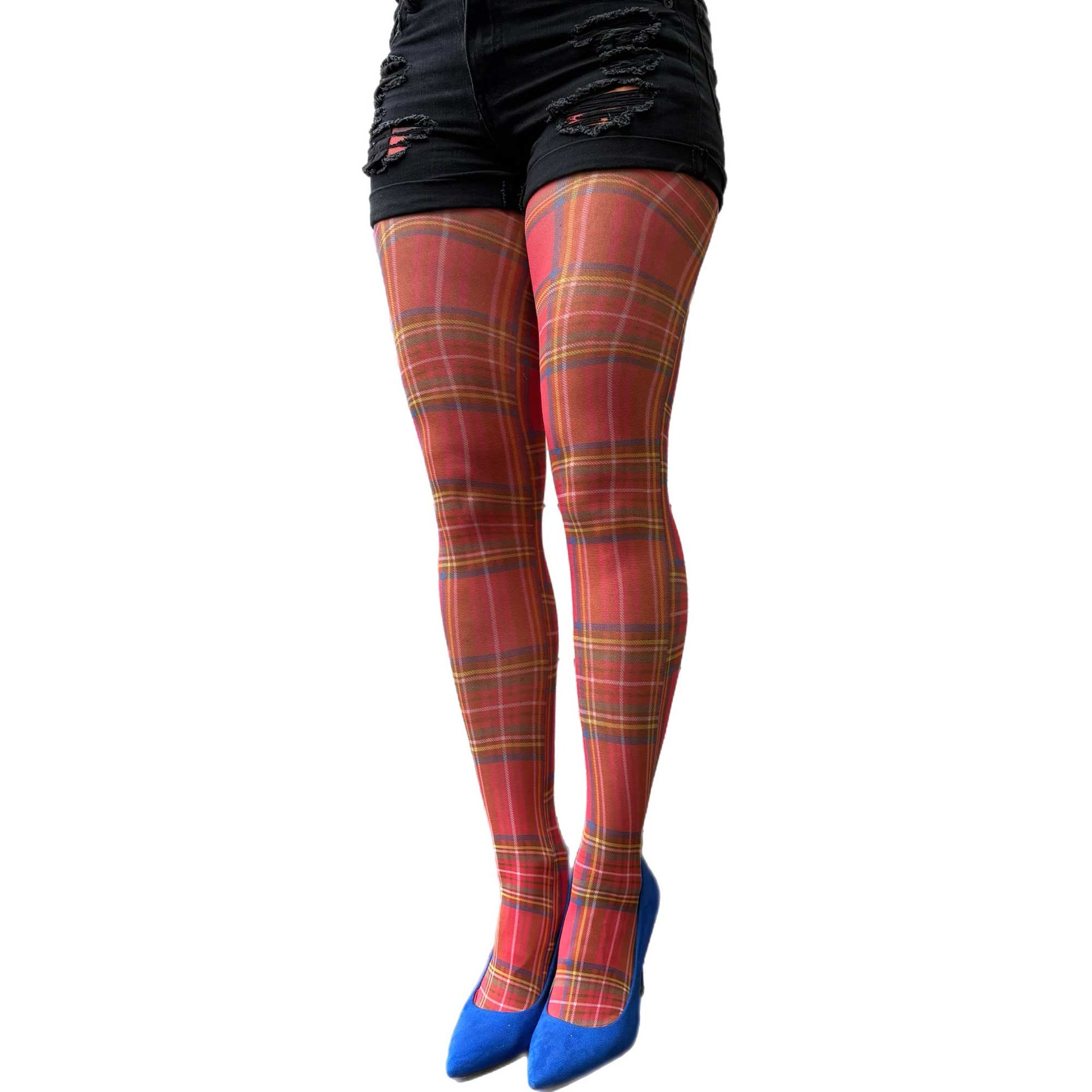 Red and black plaid tights for women full length style