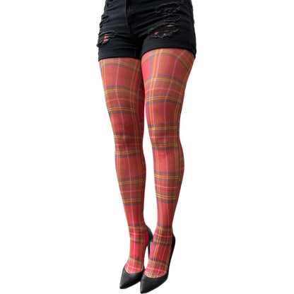 Red tartan tights for women paired with casual outfit