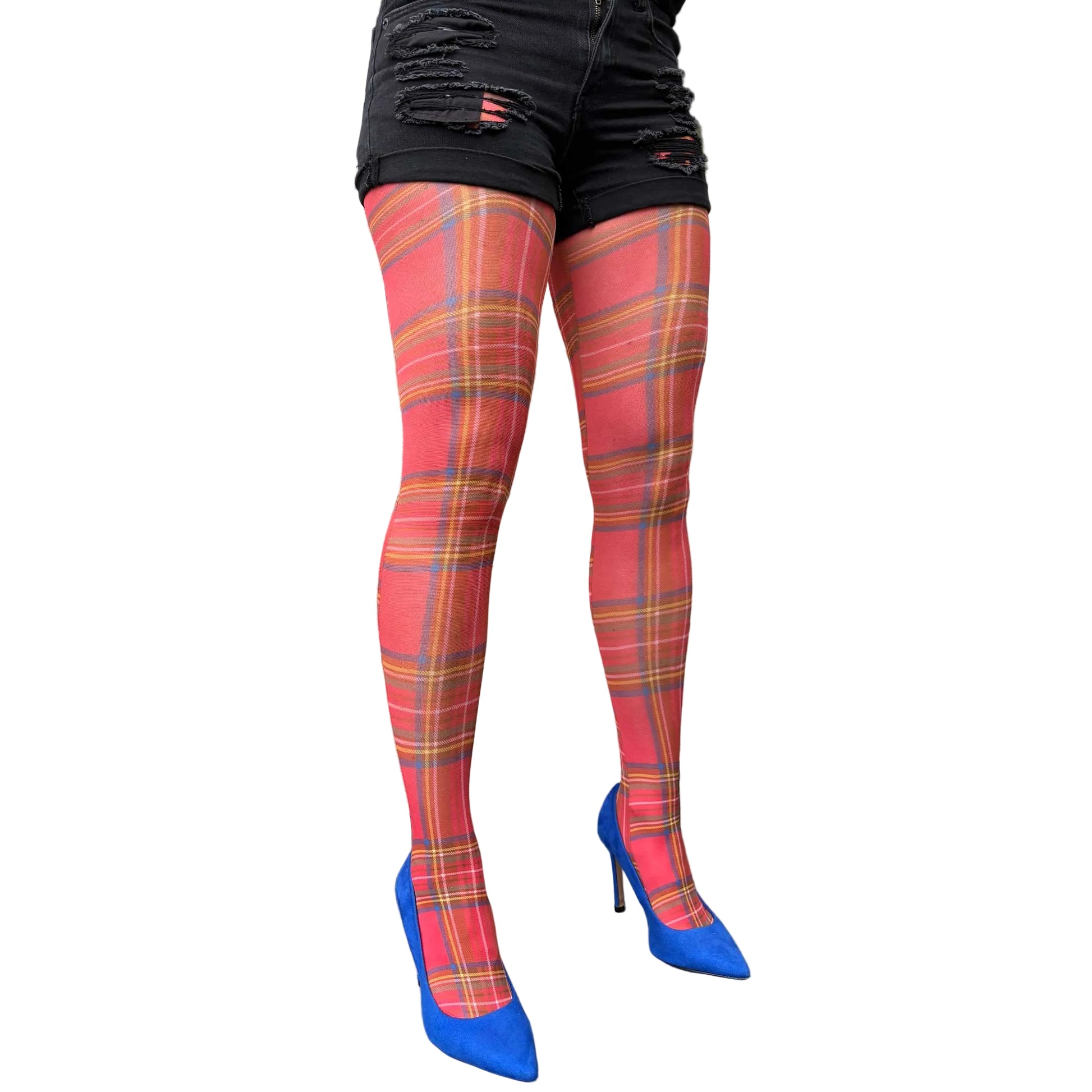 Cozy red plaid tights for women with autumn fashion look
