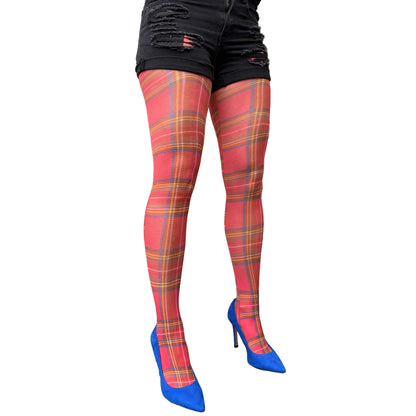 Cozy red plaid tights for women with autumn fashion look