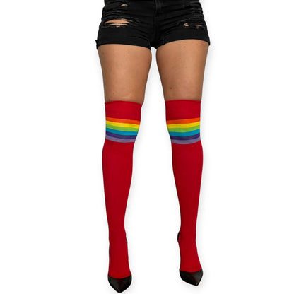 Front view of Malka Chic red thigh high socks for women featuring colorful rainbow stripe bands near the top.